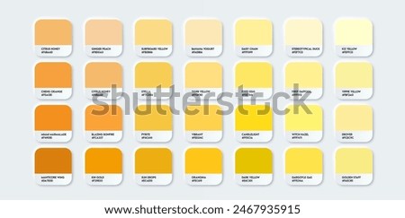 Yellow and orange pantone color palette set in rgb hex. Yellow color catalog. Multicolor palette for your design