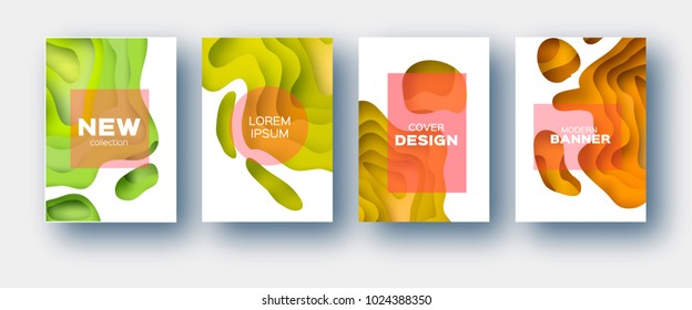 Yellow Orange Paper Cut Wave Shapes. Layered curve Origami design for business presentations, flyers, posters. Set of 4 vertical banners. 3D abstract map carving. Text. Frame.
