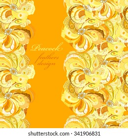 Yellow orange peacock feathers, pattern background. Vertical border design. Text place. Vintage vector illustration.