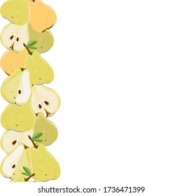 Yellow and orange pears, whole and cut pears seamless vertical border on white background. Summer fruit design set for design, banner, menu, poster, apparel, cards.