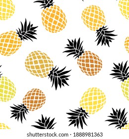 Yellow and orange pineapple  fruit with black leaves, vector illustration over a white background, seamless pattern