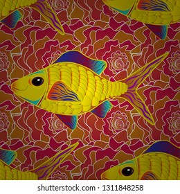 Yellow, orange and pink fish vector seamless pattern.
