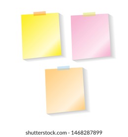 Yellow, orange and pink notes with shadow, pinned adhesive tape, ready for your use. Notice board element. Perfect for back to school or business design theme. Isolated on white background. 