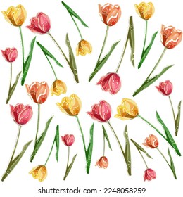 Yellow, orange and pink tulips on white background. Spring minimalist seamless pattern.