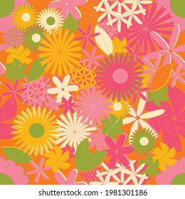 Yellow, orange and pink vintage flowers seamless