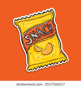 amarelo laranja batata chip snack saco adesivo estilo vetor ilustração design isolado em um fundo laranja