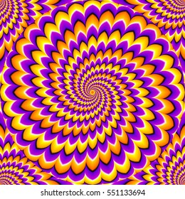 Yellow, orange and purple background with growing sphere. Optical expansion illusion. Seamless pattern.