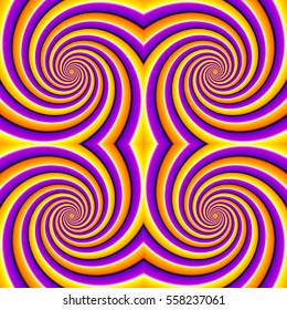 Yellow, orange and purple background with spirals. Optical expansion illusion. Seamless pattern.