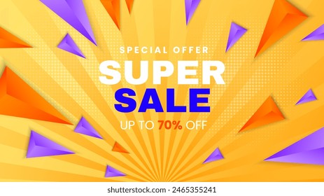 Diseño de fondo de descuento de mega gran venta de Ilustración vectorial violeta naranja y violeta amarilla. Vector super venta diseño de Plantilla. Gran oferta especial de ventas. Fondo de fiesta de fin de temporada