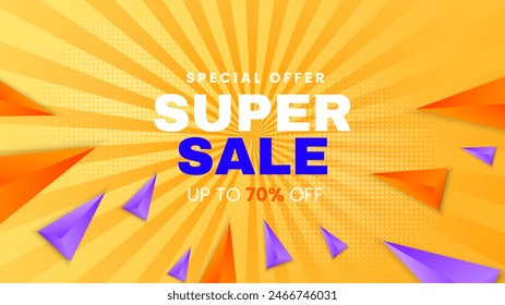 Yellow orange and purple violet vector abstract sale background design with shapes. Vector super sale template design. Big sales special offer. End of season party background