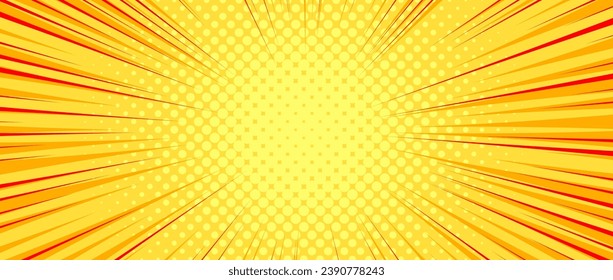Yellow orange radial dotted comic background. Speed lines wallpaper with pop art halftone texture. Anime cartoon rays explosion backdrop for poster, banner, print, magazine, flyer. Vector illustration