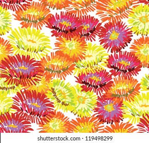 yellow, orange and red asters blooming flower heads on a white background, tiled wallpaper in cartoon style