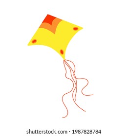 Yellow, orange and red kite with long ropes and abstract pattern, child toy, simple cartoon style vector illustration, image for cards, invitations, relax, vacation concept, holiday celebration design