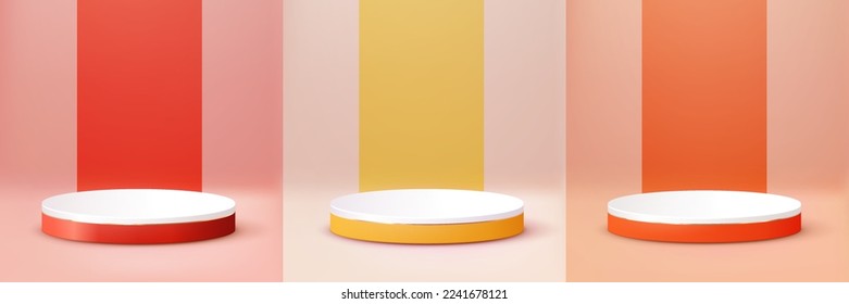 Yellow Orange Red Podium. Abstract scene background. Product presentation, mock up, show cosmetic product, Blank Podium, stage pedestal or platform. 3D Vector.