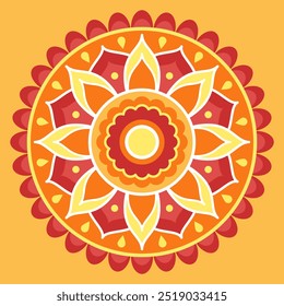 Yellow, orange and red symmetrical mandala on a yellow background. Ethnic mandala. Oriental pattern, vector illustration. Relaxation, meditation. Indian or Arabic mandala. Diwali festival.