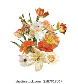 Yellow, orange rose, lily, tulip, fall garden flowers, eucalyptus, greenery vector design. Wedding spring summer floral bouquet.