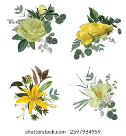 Yellow, orange rose, lily, tulip, peony fall garden flowers, eucalyptus, greenery vector design. Wedding spring summer floral bouquet.