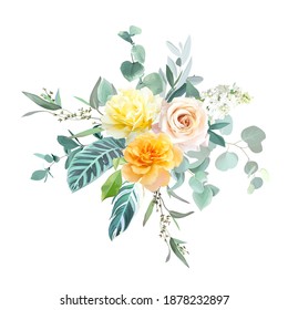 Yellow and orange roses, white lilac, spring garden flowers, mint eucalyptus, tropical leaves, greenery vector design bouquet. Wedding summer floral collection. All elements are isolated and editable