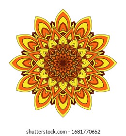Mandala redonda amarilla y naranja aislada en fondo blanco. Ilustración del vector