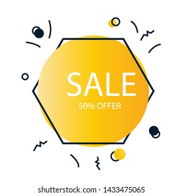 Yellow orange round shape in hexagon frame. Minimalist 50% Sale banner template design. Big sale special offer. Special offer vector illustration can be use banner, poster, flyer, brochure, sticker.