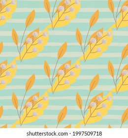 Yellow and orange rowan berries silhouettes seamless pattern. Blue striped background. Abstract print. Designed for fabric design, textile print, wrapping, cover. Vector illustration.