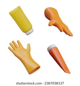 Yellow and orange rubber gloves, tubes with household chemicals. Vector illustration for store with household goods. Icons for cleaning service. Clean surfaces, mockup