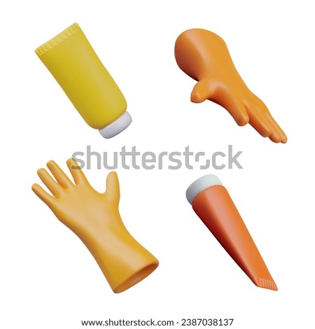 Yellow and orange rubber gloves, tubes with household chemicals. Vector illustration for store with household goods. Icons for cleaning service. Clean surfaces, mockup