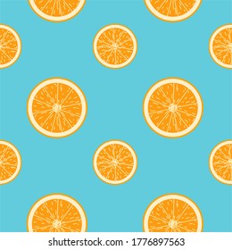 Naranja amarilla. Patrón brillante sin brillo sobre un fondo azul.