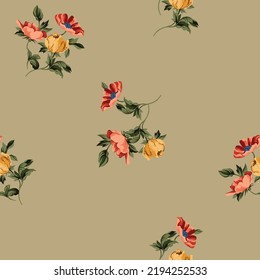 Yellow And Orange Seamless Vector Flowers With Green Leaves Pattern On Cream Background