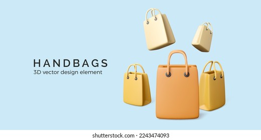 Yellow and orange shopping bags. 3D business discount offers banner and poster. Empty template in realistic cartoon style. Vector illustration