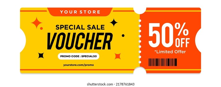 yellow and orange special sale Coupon template with exclusive offer up to 50 percent off. Gift voucher with 50 percent discount, special promo code website vector illustration