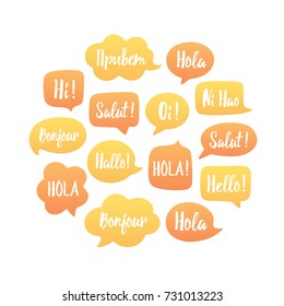 Yellow and orange Speech bubbles illustration in circle. Vector background of bubbles with word hello in different languages: hi, hallo, hola etc. Communication people concept. Vector illustration 