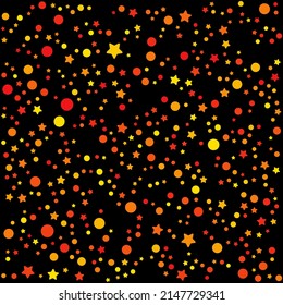 Gelbe und orangefarbene Sterne und Kreise Muster auf schwarzem Hintergrund. Vektorgrafik.