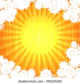 Yellow, orange, striped, summer background, backdrop, poster with sun and many white flowers