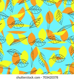 yellow and orange stylized leaves, black  leaves with streaks, drawn in a naive manner, sketch, on a blue background, leaf fall, golden autumn.Freehand drawing vector  with doodles.