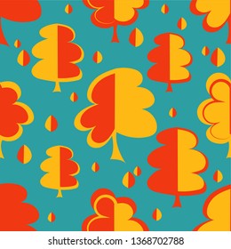 Yellow and orange stylized trees on turquoise background. Cartoon and childish seamless design.
