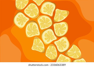 Yellow and orange summer background. Composition of distorted lemons on abstract round shapes. Summer concept, refreshing, fun and tasty.