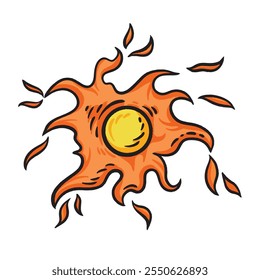 Yellow and orange sun colorful illustration isolated on square white background. Simple flat outlined cartoon art styled drawing.