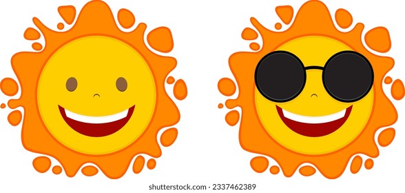 Yellow and orange sun smiling happily with black sunglasses. Isolated vector illustration. Cartoon emoji face character.