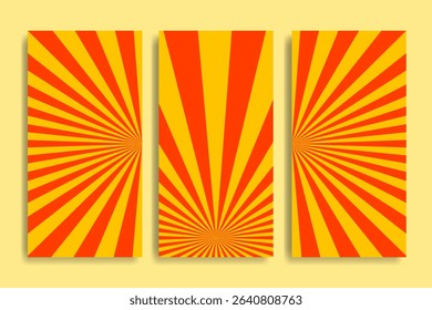 Yellow orange sunburst vector background set with three vertical styles. Vector sunburst illustration for background, ads, promos, banner template, and creative projects.