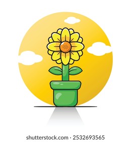 Yellow orange sunflower cartoon vector on sunny afternoon. blooming blossom bright sunflower with sunset background scenery 