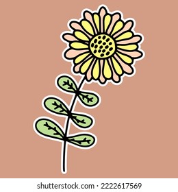 yellow orange sunflower with green leaves and black outline, doodle