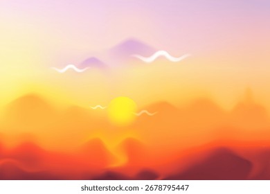 Yellow orange sunset in the mountains, blurred background in Chinese style