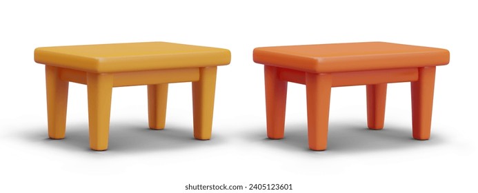 Yellow and orange tables for several person. Choice of wood color. Realistic vector illustration. Set of furniture for home. Large dining table with 4 legs. Templates for web design