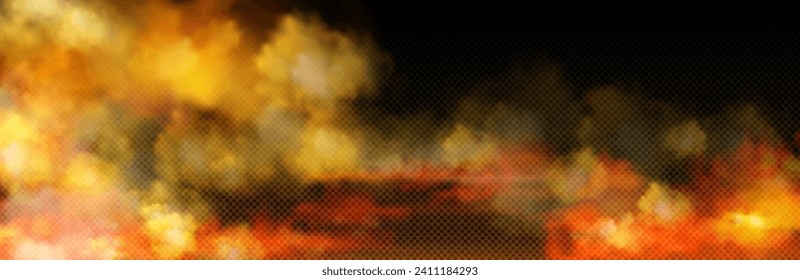 Yellow and orange toxic smoke cloud with overlay effect on dark transparent background. Realistic vector illustration of smoky mist or toxic haze of mystical atmospheric steam or condensation on floor