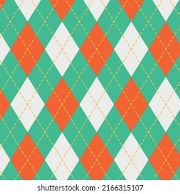 Yellow And Orange Trendy Argyle Seamless Pattern - Modern Design In Teal, White, And Green