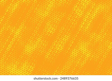 Yellow orange triangle halftone pattern. Retro comic style triangular grunge background. Square pixilated dot cartoon texture. Pop art faded gradient pattern. Vector backdrop.