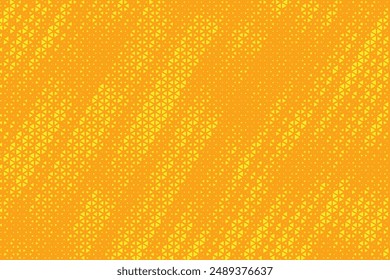 Yellow orange triangle halftone pattern. Retro comic style triangular grunge background. Square pixilated dot cartoon texture. Pop art faded gradient pattern. Vector backdrop.