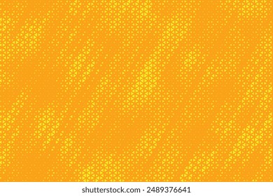 Yellow orange triangle halftone pattern. Retro comic style triangular grunge background. Square pixilated dot cartoon texture. Pop art faded gradient pattern. Vector backdrop.