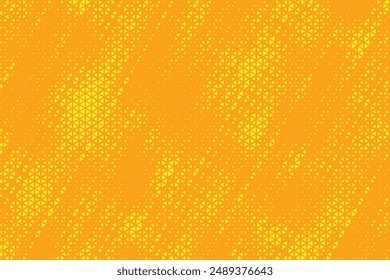 Yellow orange triangle halftone pattern. Retro comic style triangular grunge background. Square pixilated dot cartoon texture. Pop art faded gradient pattern. Vector backdrop.